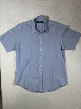 Polo Ralph Lauren Size Large Blue Pinstripe Seersucker Short-Sleeve Shirt Preppy